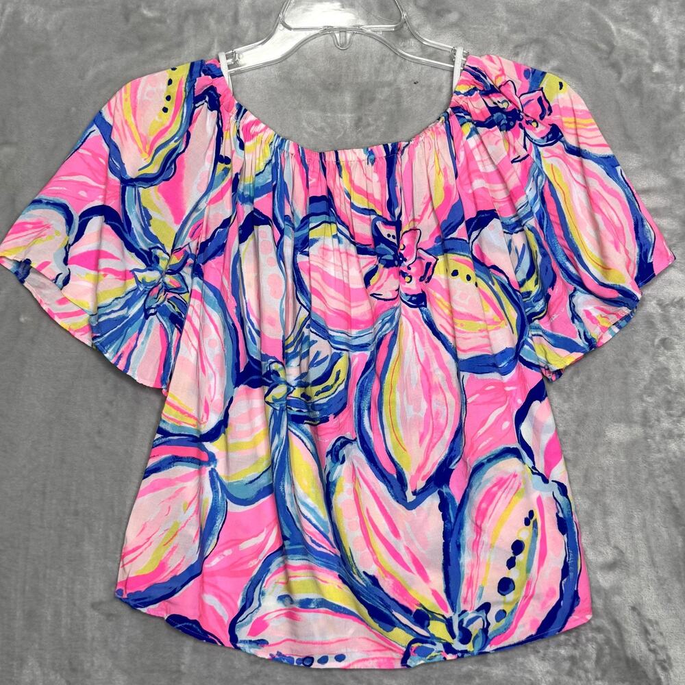 Lilly Pulitzer Shirt Womens XS Pink Blue Yellow Floral Off Shoulder Rayon Summer